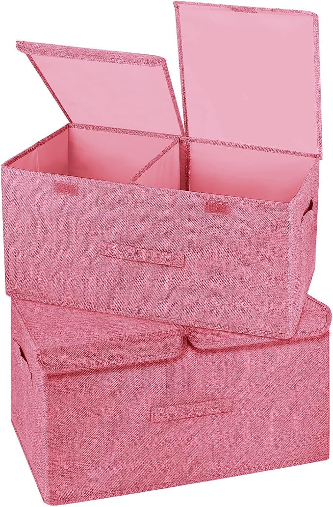 2 Pack Storage Boxes with Lids and Handles, Collapsible Linen Storage Bins Organizer Containers Baskets Cube with Removable Divider for Home Bedroom Closet Office (Pink, Large) by Unknown