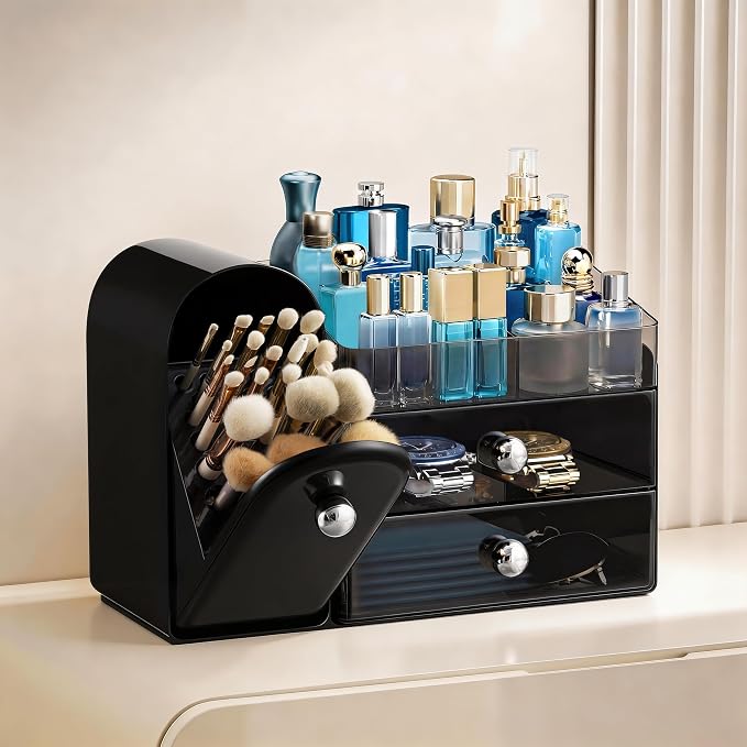 HBlife Makeup Organizer Countertop with Drawers, Cologne Organizer for Men, Vanity Organizers with Brush Holder, Bathroom Countertop Organizer Skin Care Storage, Gift for Dad Husband, Black Silver - Image 2