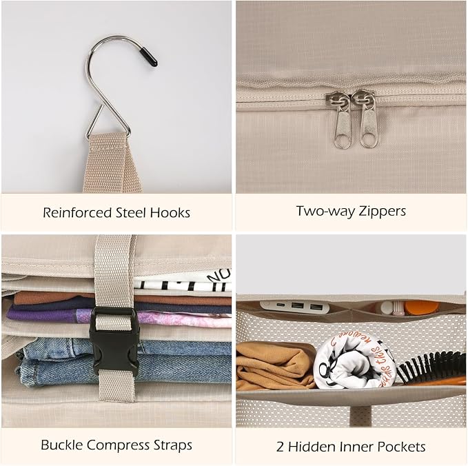 Surblue Hanging Closet Storage Bag Collapsible 3-Shelf Washable Oxford Fabric with 2 Hooks (L 11.41 * 11.41 * 19.68in, Beige) - Image 6