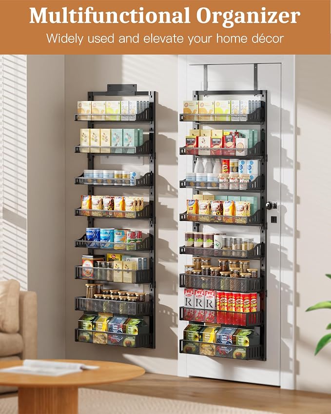 POKIPO 8-Tier Over the Door Pantry Organizer, Large Metal Door Spice Rack with Adjustable Basket, 2 in 1 Wall Mount or Hanging Heavy-Duty Pantry Door Storage Shelf for Kitchen and Bathroom, Black - Image 2