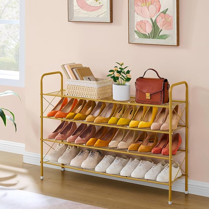 Hoctieon 4 Tier Mesh Style Shoe Rack, Entryway Shoe Shelf, Shoe Storage Organizer, Shoe Rack for Closet, Space Save for Bathroom, Garage, Hallway, Bedroom, Living Room, Gold - Image 4