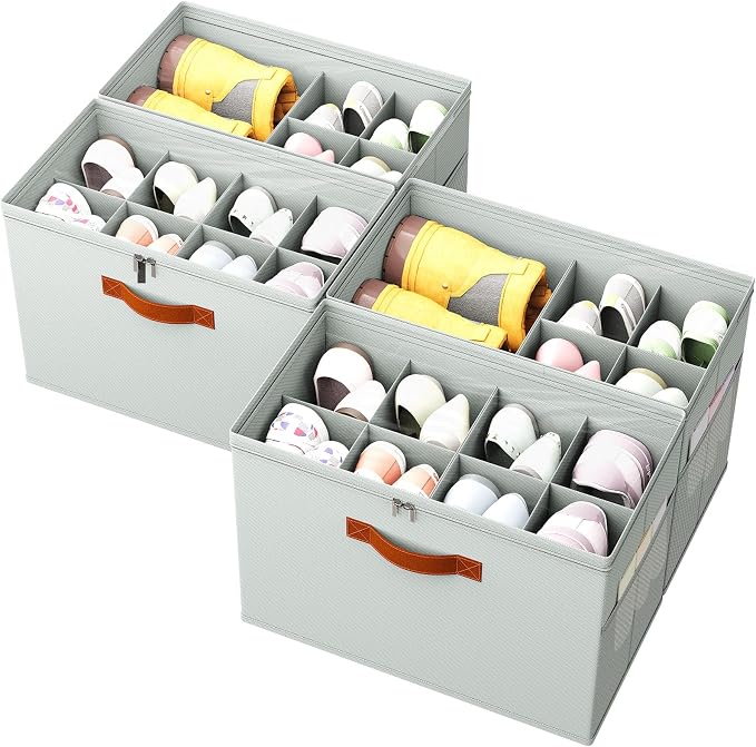 4 Pack Shoe Organizer for Closet,Foldable Shoe Storage Organizer with Adjustable Dividers, Shoe Storage Box with Clear Cover, Fits up to 32 Pairs, Gray by IMAXTOP
