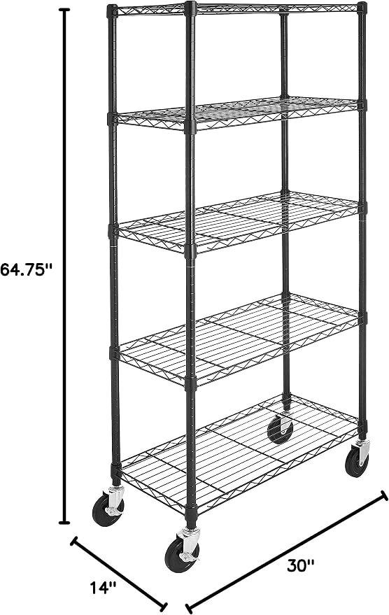 Amazon Basics 5-Shelf Heavy Duty Garage Shelving Storage Rack with 4" Wheel Casters, Adjustable Metal Wire Organizer, 300 lbs Per Shelf, 30" x 14" x 64.75", Black - Image 3