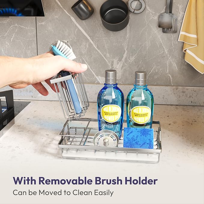 SWTYMIKI Multifunctional Kitchen Sink Caddy - Large Sponge Holder for Kitchen Sink with Removable Brush Holder + Drip Tray, Silver - Image 4