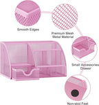 EasyPAG Mesh Desk Organizer with Drawer Multi-functional Pen Holder Stationery Organizer for Office School Supplies 6 Compartments Dorm Organizers and Storage for Desk, Light Pink - Image 3