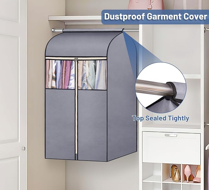 SLEEPING LAMB 35" Garment Bags for Hanging Clothes Storage, Sealed Completely Clothing Rack with Cover with Zipper Clear PVC Window Coat Cover for Closet, Sweaters, Suits protector, 2 Packs, Grey - Image 2
