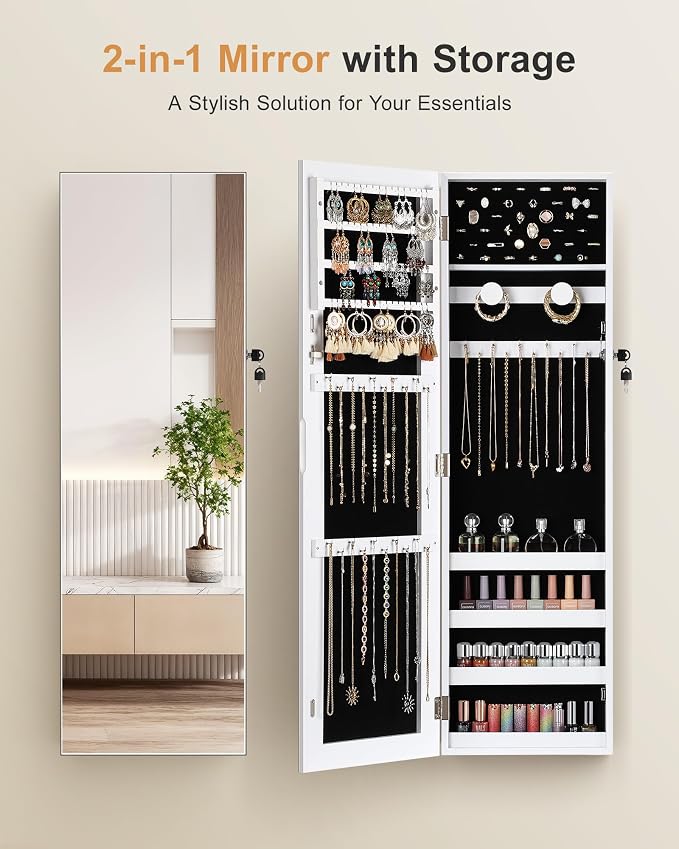 Nicetree Jewelry Cabinet Armoire, Hanging Jewelry Organizers and Storage, Lockable Jewelry Cabinet with Full-Length Mirror, Wall or Door Mount Jewelry Mirror Cabinet, Shelves, Polishing Cloth - Image 6