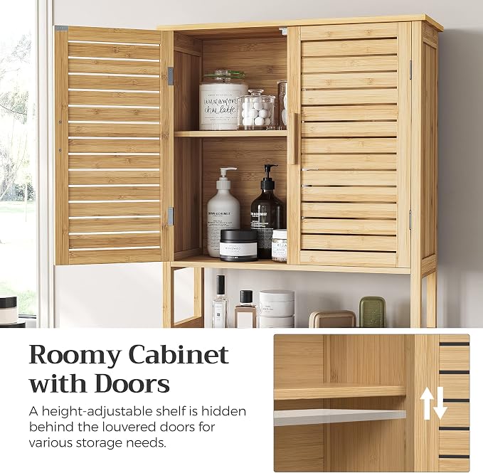 SONGMICS Bamboo Over The Toilet Storage Cabinet, Adjustable Inside Shelf - Image 5