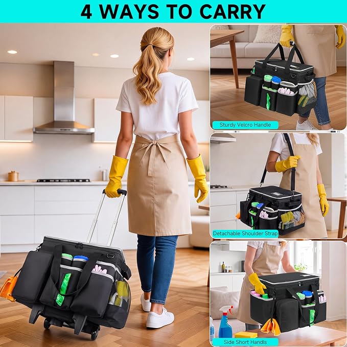 Cleaning Cadddy Bag with Rolling Cart, Lareg Cleaning Bag with Wheels - Image 6