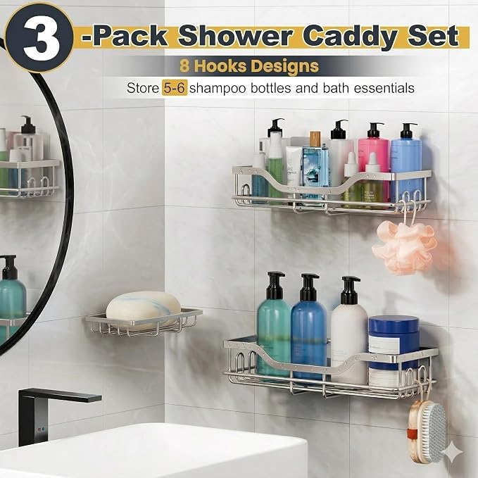 OMAIRA 3-Pack Shower Caddy with Soap Holder, Adhesive Rustproof No-drill Strudy Loading Inside Shower Organizer Shelves Rack Storage Bathroom Organization for Smooth Wall Glass Tile, Sliver - Image 3