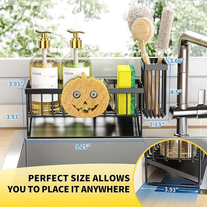 Cisily Kitchen Sink Caddy Organzier with High Brush Holder, Sponge Holder for Sink, 304 Rustproof Stainless, Kitchen Countertop Soap Dispenser Organizer (Black With Smiley Face Holder, 9.25″) - Image 2