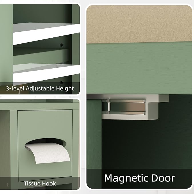 Shintenchi Over the Toilet Storage Cabinet, Bathroom Storage Cabient with Barn Doors, Bathroom Storage Shelf Organizer with Toilet Paper Holder, Adjustable Shelf and Anti-Tip Device, Green - Image 7