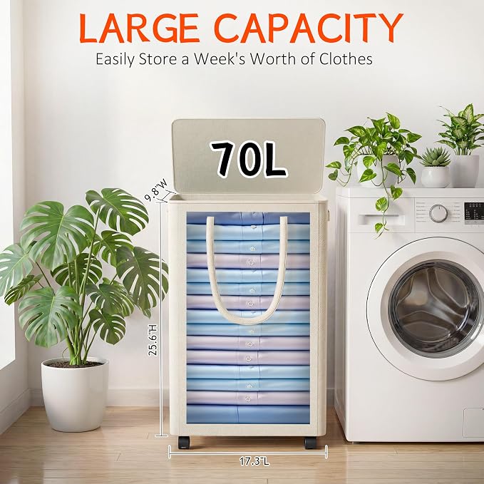 Slim Laundry Hamper with Wheels,18 Gal (70L) Rolling Laundry Basket with lid and wheels Clothes Hamper Foldable Tall Dirty Clothes Basket Sturdy Collapsible Clothes Hamper for Dorm,Laundry Room - Image 3