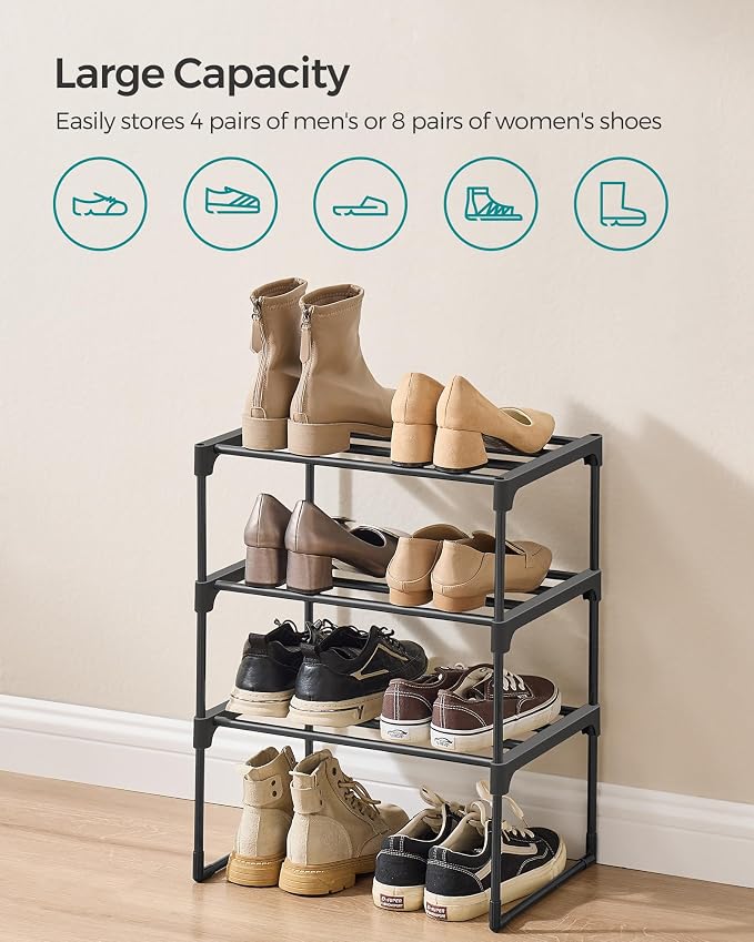 SONGMICS Shoe Rack, 3-Tier Shoe Organizer, Metal Storage Shelf | for Entryway, Upright or Upside Down, for 4-8 Pairs, Stackable, 11.8 x 16.7 x 21.5 Inches, Black ULSA003B01 - Image 6