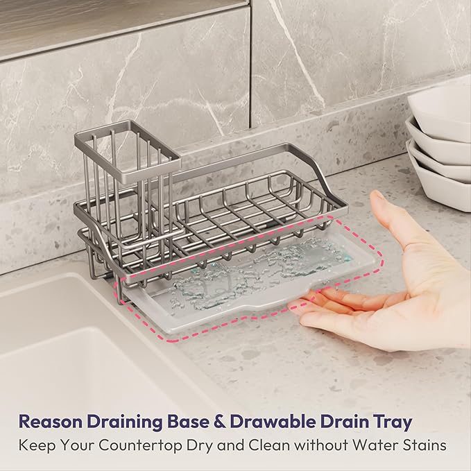 SWTYMIKI Sink Caddy Sponge Holder - Kitchen Sink Organizer with High Brush Holder for Countertop to Hold Dish Soaps and Sponges, Stainless Steel, Sand Nickel - Image 5