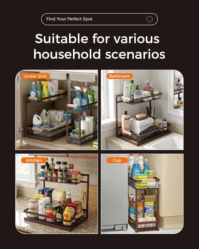Sevenblue 3-Pack 2-Tier Height Adjustable Under Sink Organizer, Brown - Image 8