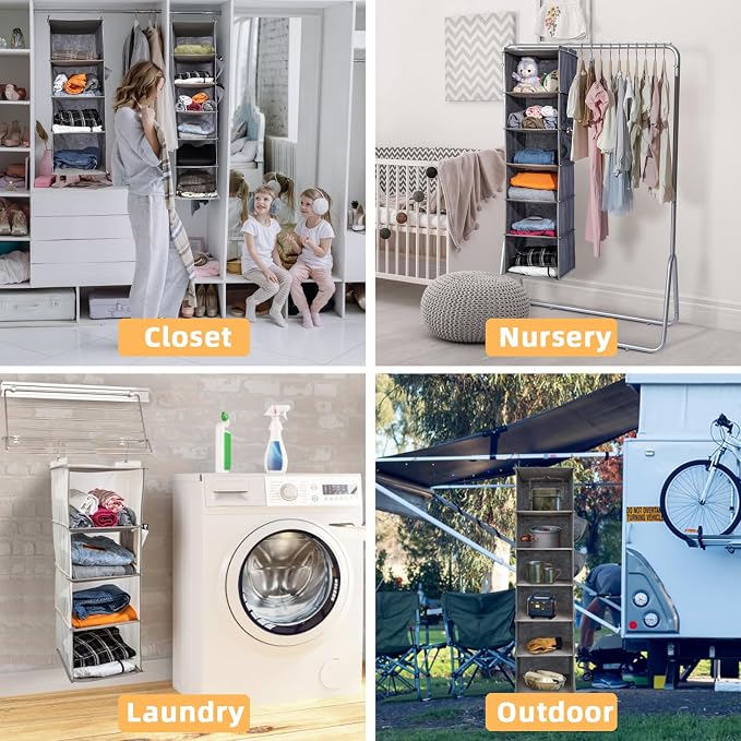 2 Packs Hanging Closet Organizer, 6-Shelf Closet Organizers and Storage with Side Pockets, Collapsible Hanging Shelves for Closet & RV & College Dorm,Grey - Image 6