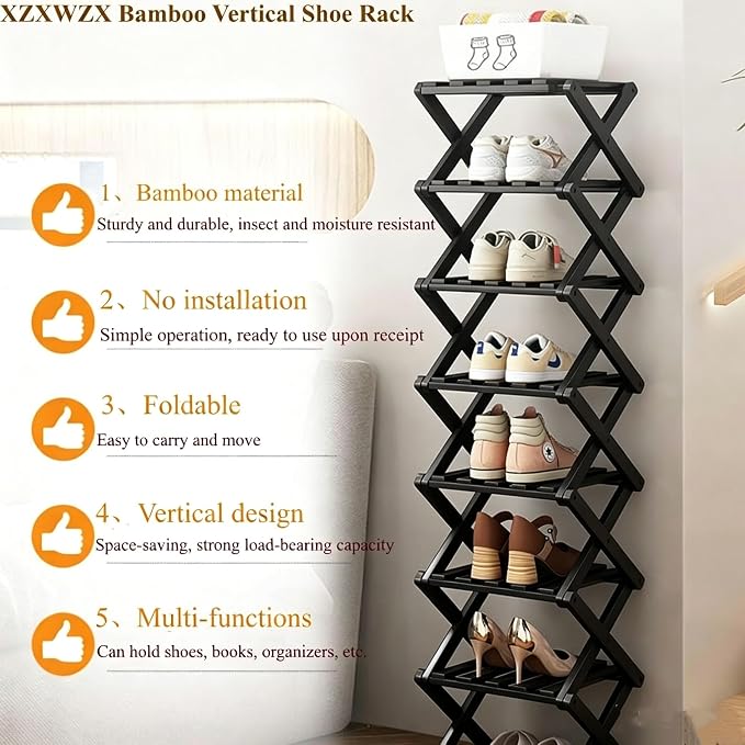 4 Tier Foldable Shoe Rack, Bamboo Vertical Shoe Organizer Tall for Multifunctional Narrow Shoe Shelf for Entryway, Closet, Corner, Bedroom, Hallway(Black) - Image 4