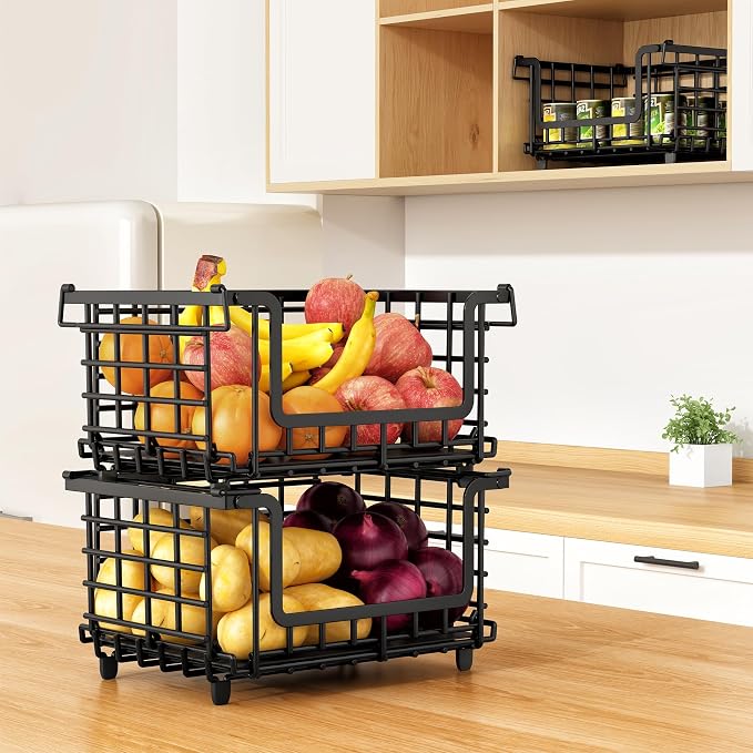 1 Pack Stackable Metal Wire Vegetable Fruit Basket for Kitchen Counter Cabinet, Pantry Organizers and Storage Basket, Food Can Snack Onion Potato Bread Storage Shelf Freezer Organizer Bins Black - Image 8
