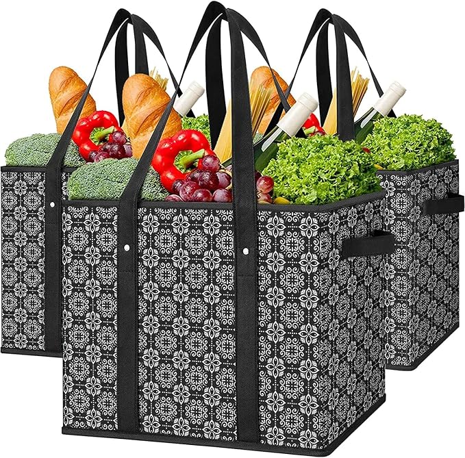 Reusable Grocery Bags 3 Pack, Foldable & Water Resistant Shopping Bags by WiseLife