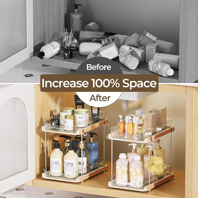 Delamu 2 Tier Under Sink Organizer Bathroom, Bathroom Cabinet Organizer with Snap-Lock Design and Hooks, Pull Out Storage with Movable Dividers, for Countertop, Kitchen and Pantry (White, 4 Pack) - Image 6