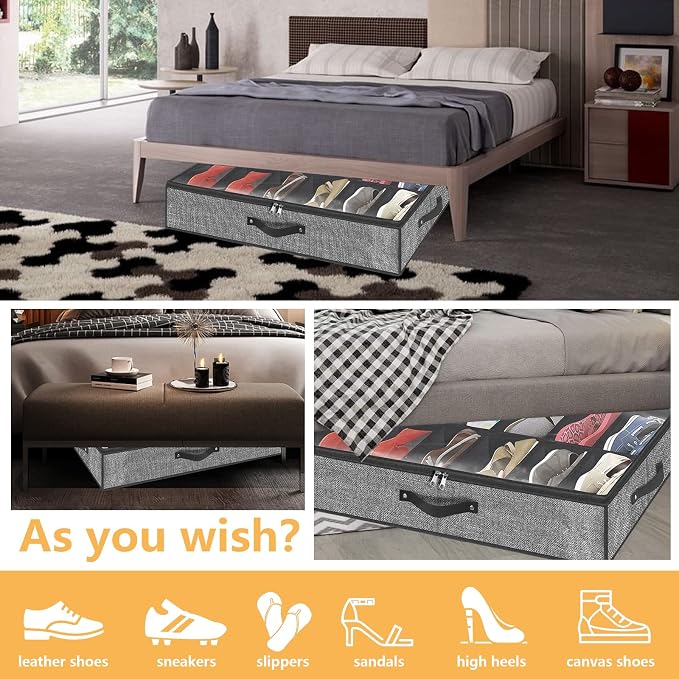 homyfort Under Bed Shoe Storage Organizer for Closet Fits 24 Pairs-Sturdy Underbed Shoe Storage Box Bins,Set of 2 (Linen-like Black) - Image 6