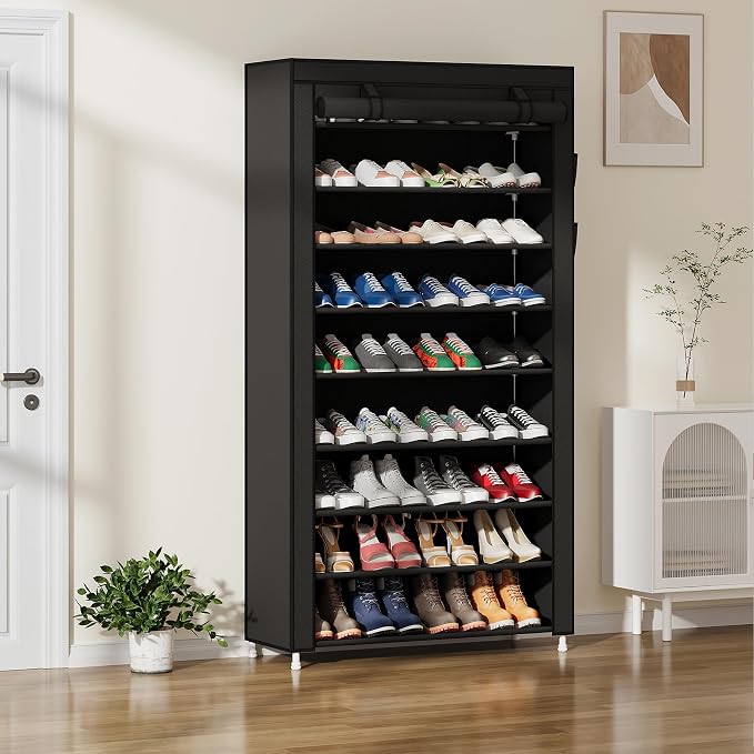 Laiensia 9-Tier Vertical Shoe Rack Organizer, Space Saving Shoe Storage Organizer, Non-Woven Cover Shoe Shelf Holds 36-45 Pairs for Bedroom, Hallway, Closet Entryway, Black - Image 8