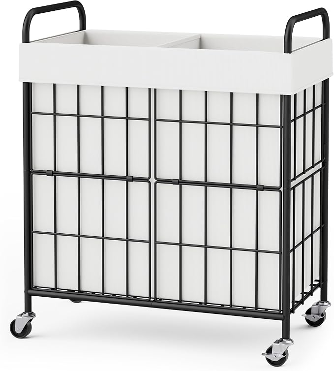 100L 2-Section Laundry Hamper with Wheels, Laundry Basket with Liner Bag by Heeytilly