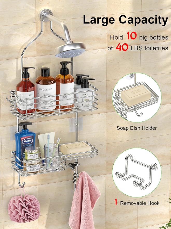 SMARTAKE Hanging Shower Head Caddy, Shower Shelf Organizer, Silver - Image 2