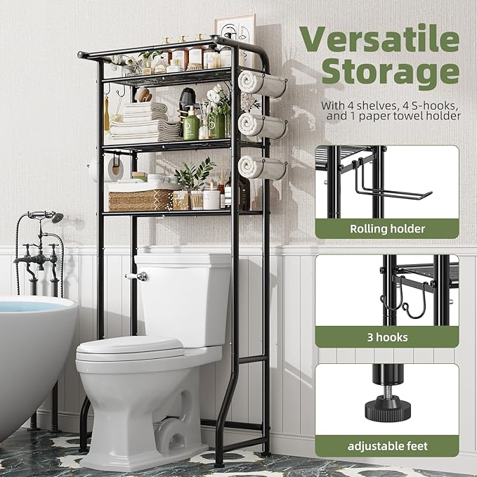 Simple Trending Over The Toilet Storage Cabinet, Metal Bathroom Shelf Organizer with Paper Holder and Hooks, 3 Tier, Black - Image 4