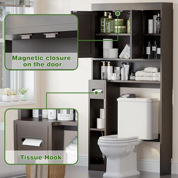 Over The Toilet Storage Cabinet with 7 Shelves, Imitation Walnut Grain Above Toilet Bathroom Organizer with Toilet Paper Holder Stand, Space Saver for Restroom, Laundry, Bathroom (Espresso) - Image 6