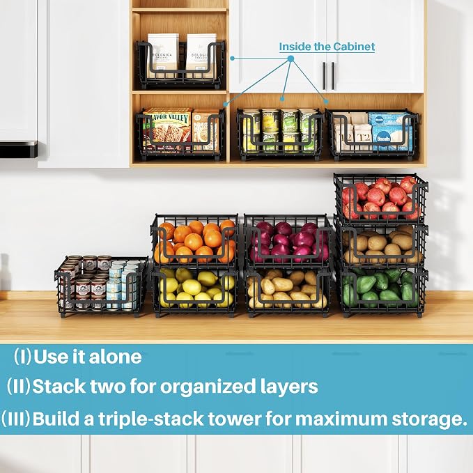 2 Pack Stackable Metal Wire Vegetable Fruit Basket for Kitchen Counter Cabinet, Pantry Organizers and Storage Basket, Food Can Snack Onion Potato Bread Storage Shelf Freezer Organizer Bins Containers - Image 3