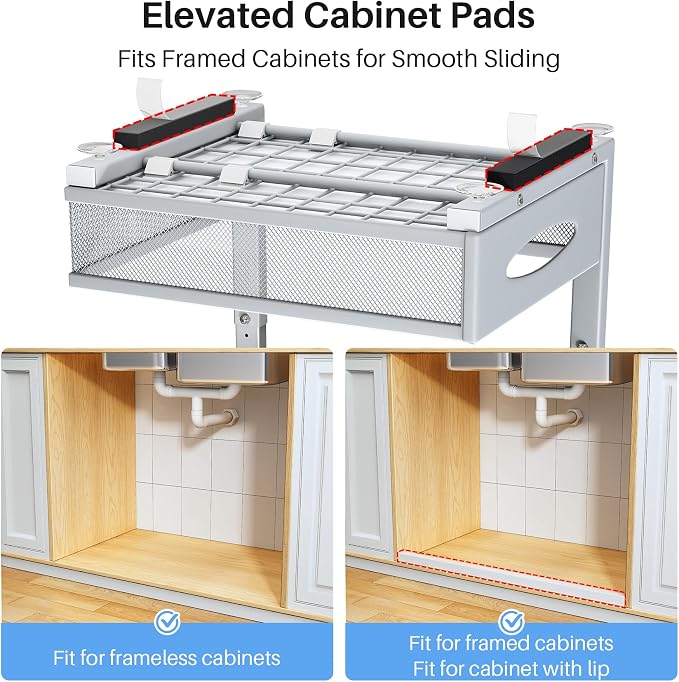 Under Sink Organizer, 2 Pack 2 Tier Pull Out Under Cabinet Organizer Shelf with Pad for Framed Cabinets, Metal Slide Out Under Sink Storage, Mesh Sliding Drawers for Kitchen Bathroom Laundry, Grey - Image 3