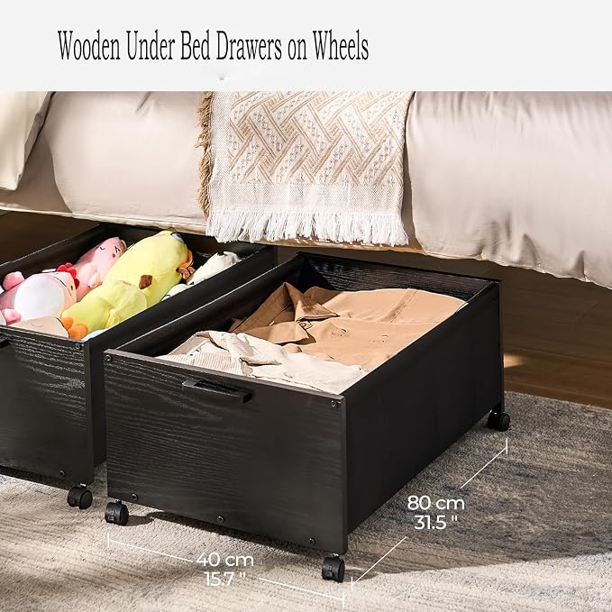 FOUCSSOMEI Under Bed Storage with Wheels, Wooden Under Bed Drawers On Wheels, Rolling Under Bed Shoe Storage, Space Saving, Black,Quadruple Size,90L - Image 2