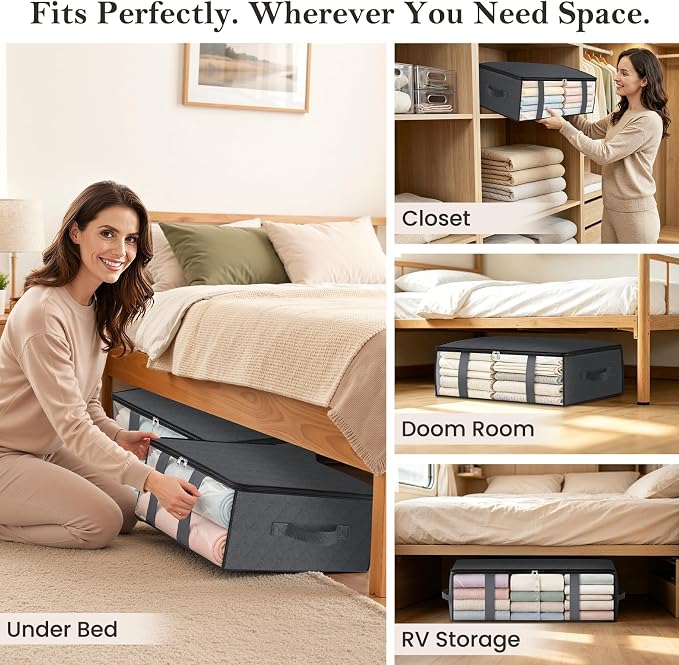 StorageRight Under Bed Storage Bags, 6 Pack, 40L, Gray | Breathable Non-Woven Fabric with a Clear Window and Zippered Top for Clothes, Comforters, Blankets and Seasonal Storage - Image 6