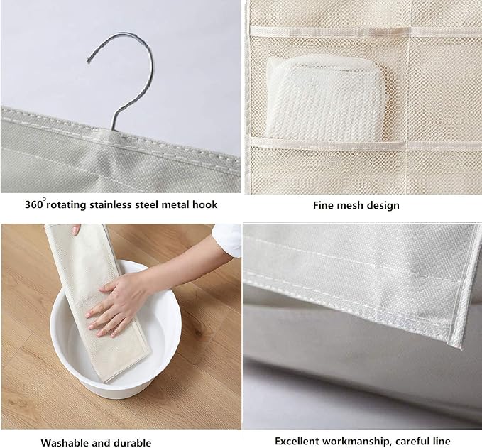 Closet Hanging Organizer with Mesh Pockets & Rotating Metal Hanger,Dual Sided Wall Shelf Wardrobe Storage Bags,Oxford Cloth Space Saver Bag for Bra Underwear Underpants Socks (white) - Image 5