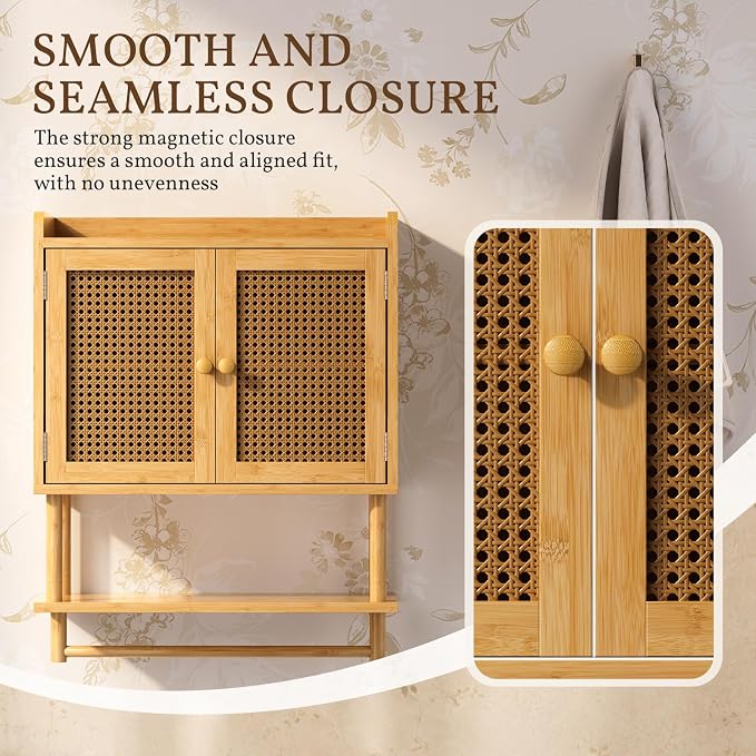 AmazerBath Bathroom Wall Cabinets, Bamboo Medicine Cabinet with Rattan Door, Large Over The Toilet Storage Cabinet with Towel Bar, Wall Mounted Cabinet with Adjustable Shelves for Small Spaces - Image 6