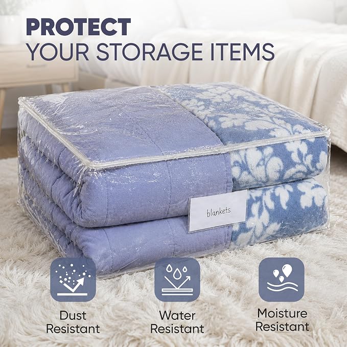 Masirs Clear Blanket Storage Bag (2-Pack) - Vinyl Clothing Organizers with Zipper & Label Pocket - Protects from Dust, Moisture & Dirt - Ideal for Underbed Storage Sheets, Comforters & Bedding - Image 3