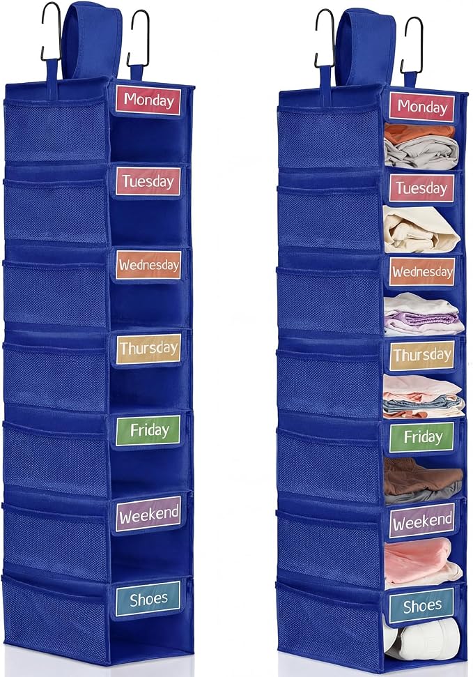 2 Pack 7 Shelf Weekly Clothes Organizer Hanging Closet for Kids with Side Pockets Weekday Shoes Rack Weekly Clothes Organizers Monday Through Weekend Foldable Storage Shelves (Dark Blue) by Yeyeplum