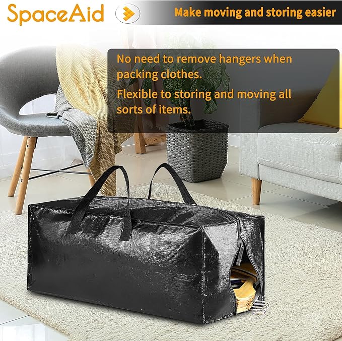 SpaceAid Heavy Duty Moving Bags, Extra Large Storage Totes W/Backpack Straps Strong Handles & Zippers, Alternative to Moving Boxes, Packing & Moving Supplies, Black (4 Pack) - Image 6