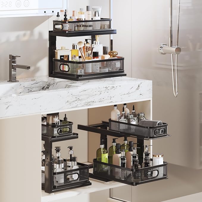 2 Pack Under Sink Organizer With Next-Gen Ball-Bearing Slides,2-Tier Precision Mesh Pull Out Cabinet Shelf Storage for Bathroom&Kitchen,Slide Out Drawers Height Adjustable,Rust-resistant - Image 7
