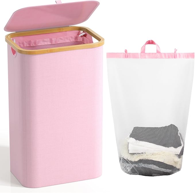 Bathola Laundry Hamper with Lid, Laundry Basket with Removable Bag, Pink by Bathola