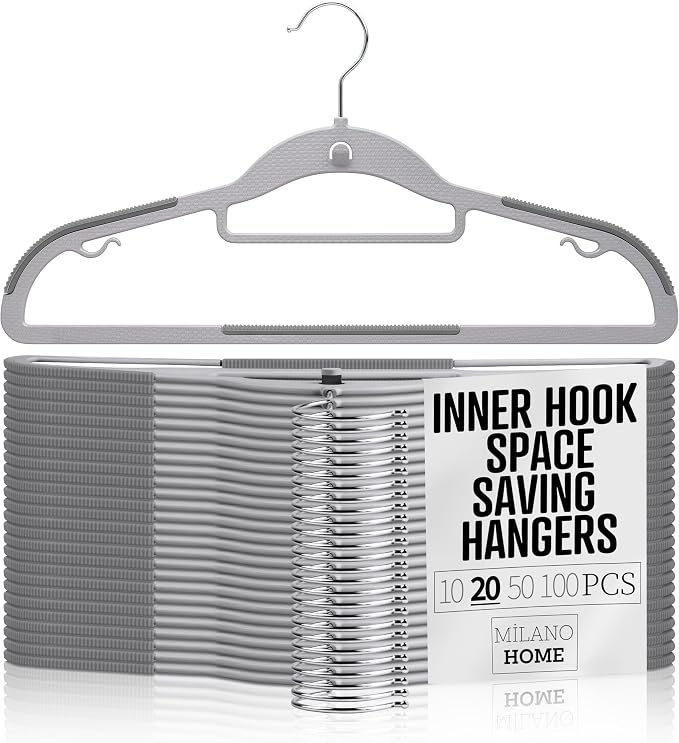 Plastic Hangers 20 Pack, Cascading Slim Space Saving Clothing Hangers with 360° Rotating Hook, Non Slip Clothes Hangers for Sweater Shirt, Heavy Duty Coat Hanger with Inner Hook for Closet, Grey/Grey by milanohome