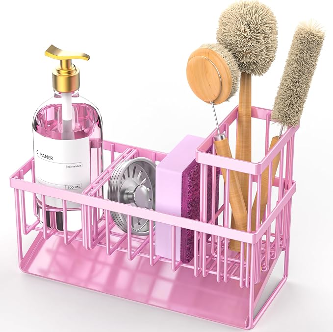 Cisily Pink Kitchen Sink Caddy Organzier with High Brush Holder, Sponge Holder for Sink, 304 Rustproof Stainless, Kitchen Countertop Soap Dispenser Organizer - Image 7