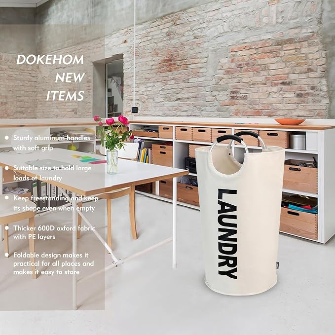 DOKEHOM 90L Large Laundry Basket Bag, Collapsible Tall Hamper, Beige - Image 2