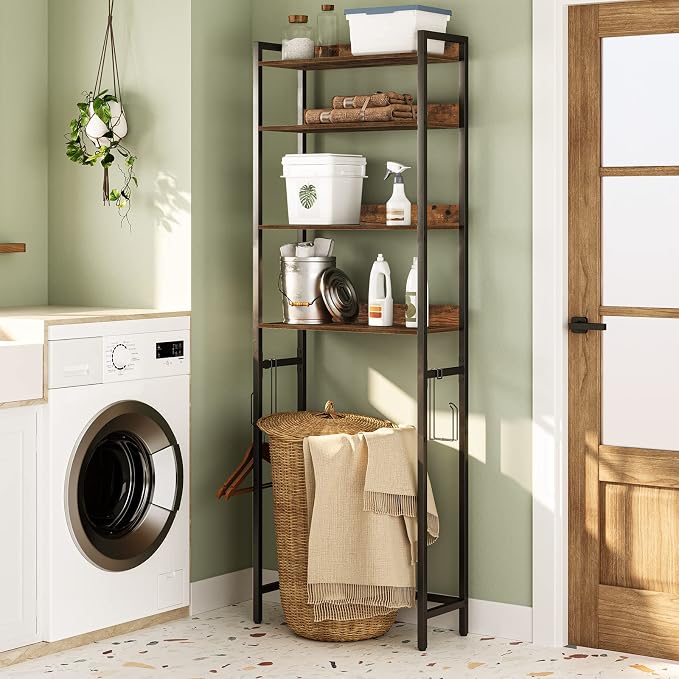 MAHANCRIS Over The Toilet Storage Rack, 4 Tier Bathroom Organizer Over Toilet, Freestanding Space Saver Toilet Stand with 2 Hooks, Bathroom Storage Shelf, Easy to Assemble, Rustic Brown TSHR0401Z - Image 6