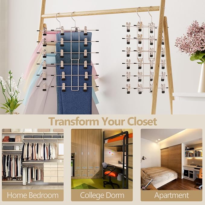 Pants Hangers with Clips,Space Saving Hanging Closet Organizer-6 Tiers Skirt Hangers with 360° Swivel Hook,Closet Organizer-Clothes Hangers - Image 5