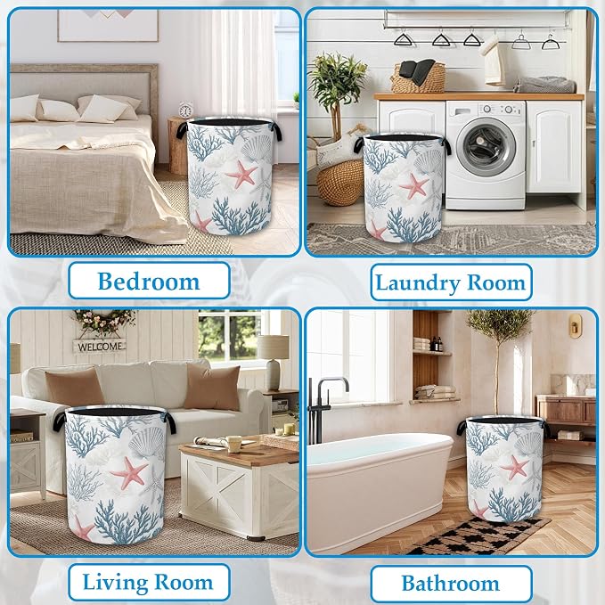 Seashell Starfish Ocean Laundry Basket Collapsible Laundry Hamper with Handle, Oxford Clothes Storage Bin for Bathroom Bedroom Room Decor 16" X 20.8" - Image 6