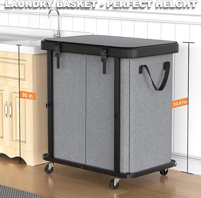 Laundry Basket with Wheels,190L (50 Gal) Laundry Hamper 2 Setion - Gray - Image 4