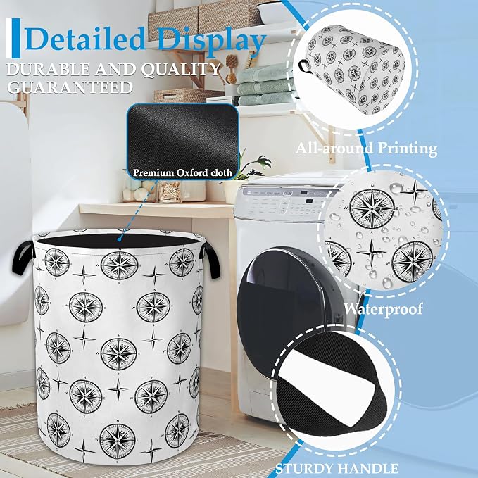 Black Compass Laundry Basket Collapsible Laundry Hamper Clothes Storage Bin for Bathroom Bedroom Room Decor 16" X 20.8" - Image 3